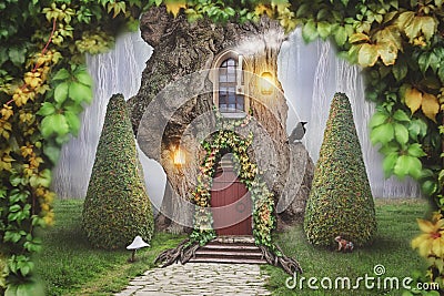 Fairy tree house in fantasy forest Stock Photo