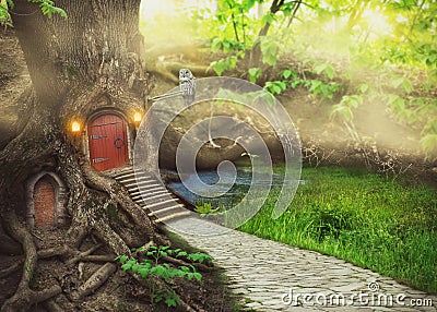 Fairy tree house in fantasy forest Stock Photo