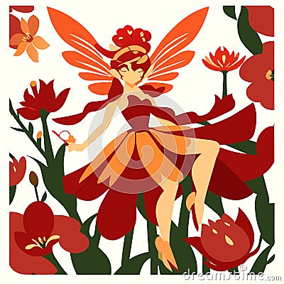 Fairy and tulips. Vector illustration in a flat style. AI generated Vector Illustration