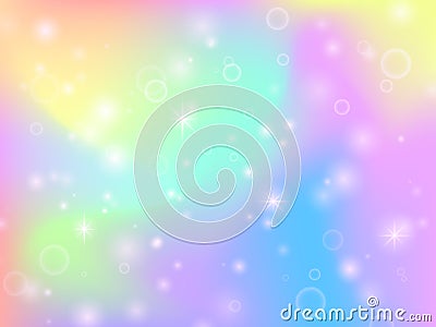 Fairy unicorn rainbow background with magic sparkles and stars. Multicolor fantasy abstract vector backdrop Vector Illustration