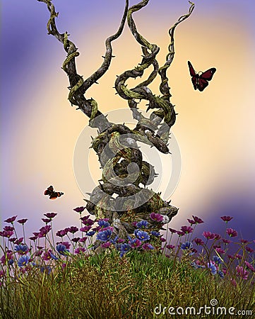Fairy Vines Growing Plant Hill Cartoon Illustration