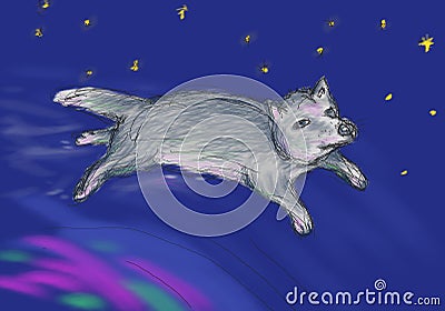 Fairy wolf flying over the northern lights in space. Illustration for children`s book, metaphorical cards, oriental horoscope Stock Photo