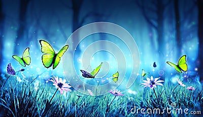 Fairy Butterflies In Mystic Forest Stock Photo