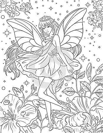 Fairyland Beauties Coloring Page For Adult Stock Photo