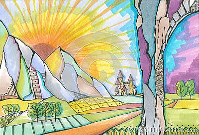 Fairyland. Magic kingdom with castle at the foot of the rocks, behind which the sun rises. Colorful hand drawn sketch by markers Stock Photo