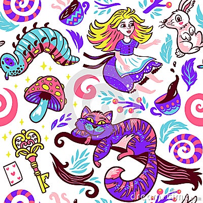 Fairytale background with cute cartoon characters from Alice in wonderland Vector Illustration