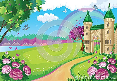 Fairytale background with flower meadow. Princess castle and rainbow. Fabulous landscape. Beautiful Park. Children illustration. Vector Illustration