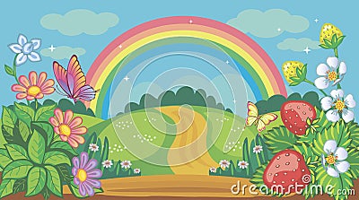 Fairytale background with flower meadow, road and rainbow. Countryside or farm. Fabulous forest landscape. Bush strawberries. Vector Illustration