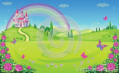 Fairytale background with flower meadow. Wonderland. Cartoon, children`s illustration. Princess`s castle and rainbow. Vector. Vector Illustration