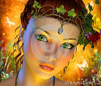 Fairytale background with woman closeup face Cartoon Illustration