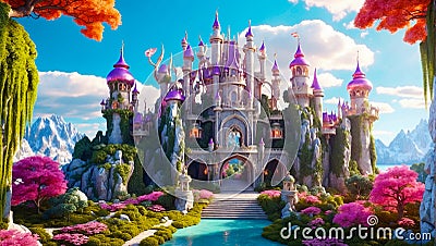 Fairytale beautiful fantasy castle palace sky cloud Stock Photo