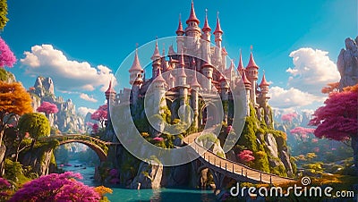 Fairytale beautiful fantasy castle palace sky dream magical imagination colorful Stock Photo