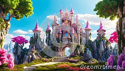 Fairytale beautiful fantasy castle palace sky Stock Photo