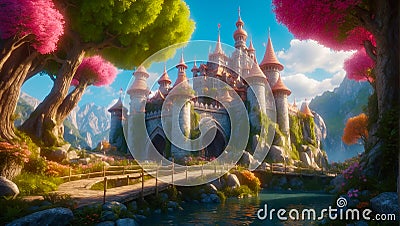 Fairytale beautiful fantasy castle palace sky cloud magical Stock Photo