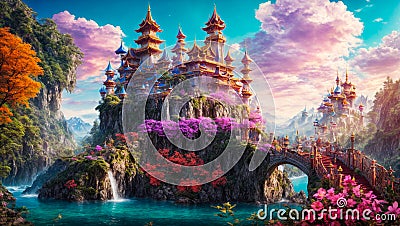 Fairytale beautiful fantasy castle magic scenery dream magical imagination colorful Stock Photo