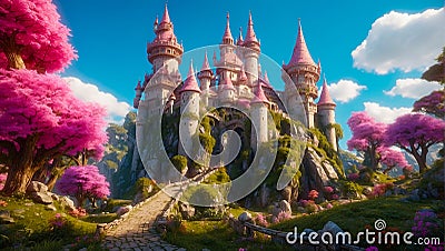 Fairytale beautiful fantasy castle palace sky cloud magical imagination colorful Stock Photo