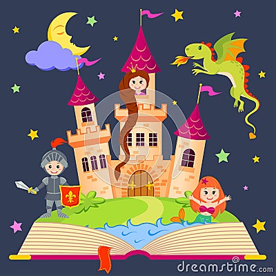 Fairytale book with castle, princess, knight, mermaid, dragon Vector Illustration