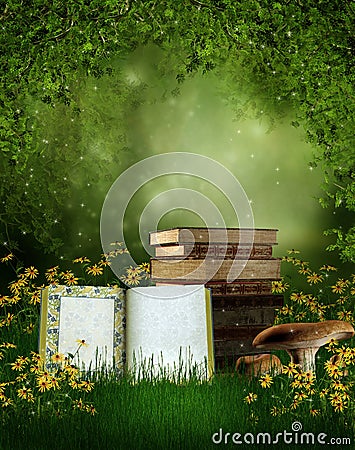 Fairytale books on a meadow Stock Photo