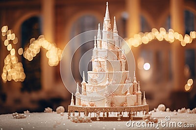 Fairytale Castle Cake With Turrets And Fairy Lights Wedding Cake On A Table In A Decorated Room Stock Photo