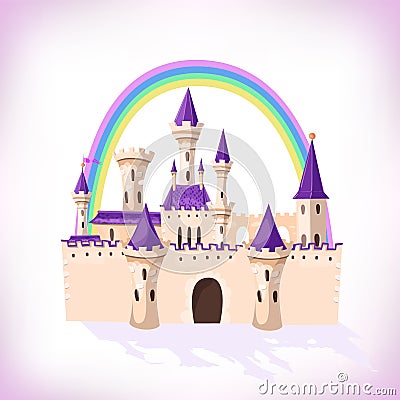 FairyTale castle. Cartoon castle. Fantasy fairy tale palace with rainbow. Vector illustration. Vector Illustration