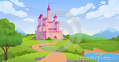 Fairytale castle landscape. Fantasy medieval palace mountain valley road, ancient fairy kingdom game background old Vector Illustration