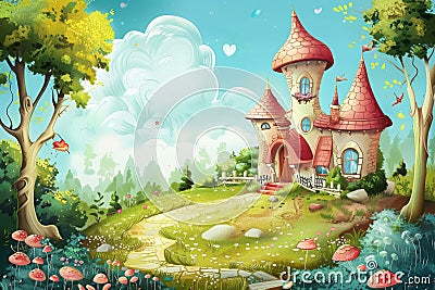 Fairytale castle with pointy turrets above a flower-laden path, setting for royal enchantment tales Stock Photo