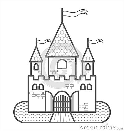 Fairytale Castle With Three Towers, With Flags, Gates, Moat, Drawbridge. Outline Vector Image. For Children`s Coloring Book. The Stock Photo