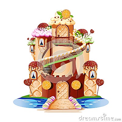 Fairytale castle with towers and a balcony made of sweets Vector Illustration