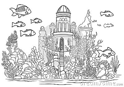 Fairytale castle by water.Underwater world.Simple line illustration for coloring book Atlantis.Coloring page Cartoon Illustration