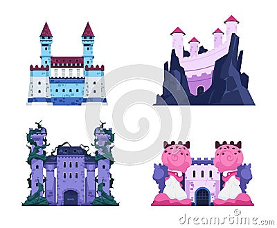 Fairytale castles. Cartoon medieval historic fortress with towers, stone walls and wooden gate, old kingdom palace Vector Illustration