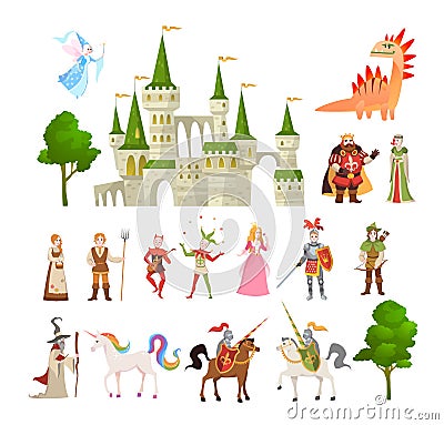 Fairytale characters. Fantasy medieval magic dragon, unicorn, princes and king, royal castle and knight vector set Vector Illustration