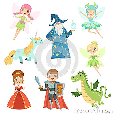 Fairytale characters set in different costumes. Princess, funny unicorn. Wizard, dragon and knight. Vector illustrations Vector Illustration