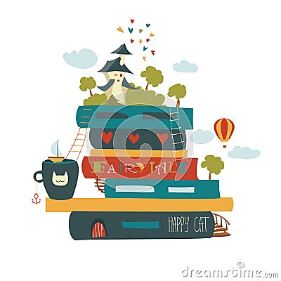 Fairytale concept with book and medieval castle Vector Illustration