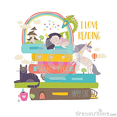 Fairytale concept with book, unicorn, dragon, princess and medieval castle Vector Illustration