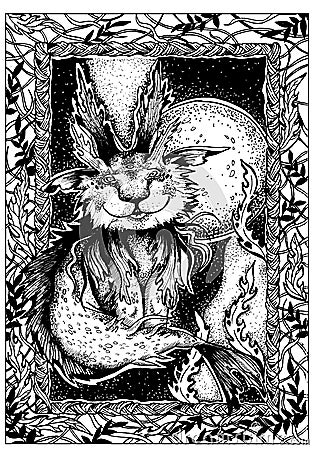 Fairytale creature, funny sea rabbit, with a round head, long ears and kind smile, with scales, fins and a fish tail Stock Photo