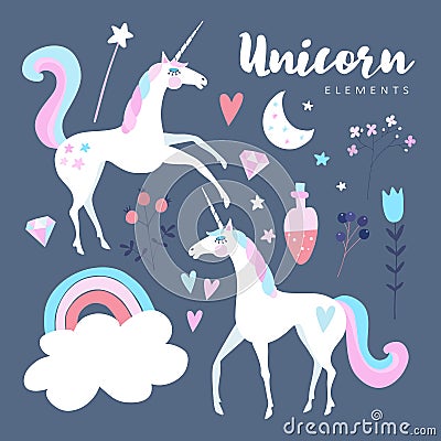 Fairytale elements. Unicorn with rainbow, stars, cloud, magic potion and flowers. Vector Illustration