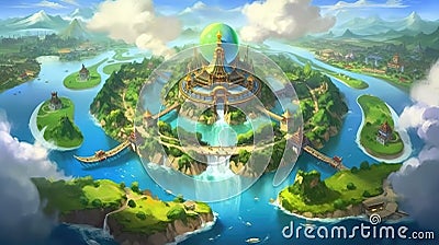 a fairytale fantasy beach world, aerial view, ai generated image Stock Photo