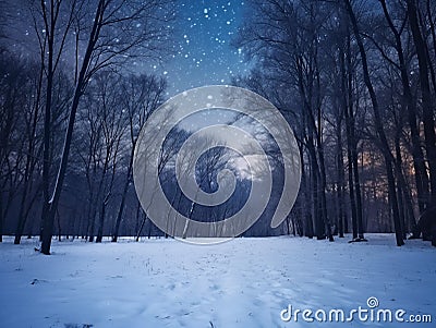 Fairytale forest covered with snow in the moonlight. Winter landscape. New Year concept Stock Photo