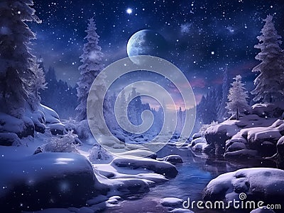 Fairytale forest covered with snow in the moonlight. Winter landscape. New Year concept Stock Photo