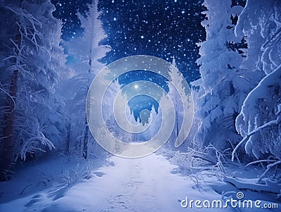 Fairytale forest covered with snow in the moonlight. Winter landscape. New Year concept Stock Photo