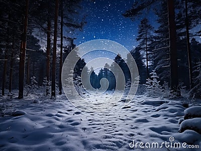 Fairytale forest covered with snow in the moonlight. Winter landscape. New Year concept Stock Photo