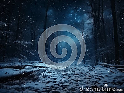 Fairytale forest covered with snow in the moonlight. Winter landscape. New Year concept Stock Photo