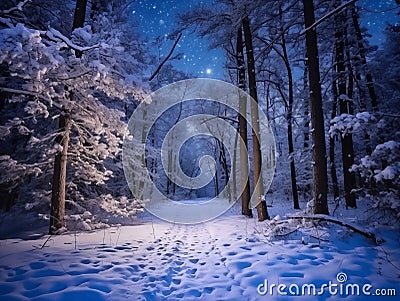 Fairytale forest covered with snow in the moonlight. Winter landscape. New Year concept Stock Photo