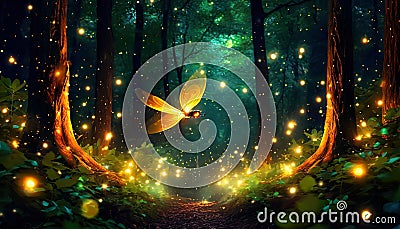fairytale forest with fireflies night scene Stock Photo