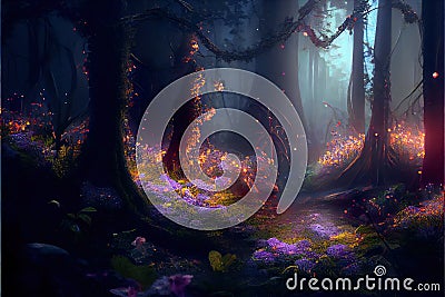 Fairytale forest at night, fantasy glowing flowers in magic wood, generative AI Cartoon Illustration