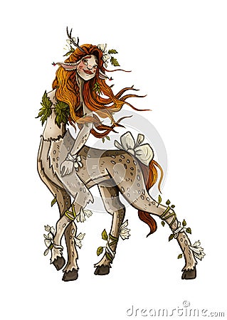 Fairytale forest personage with powerful legs and hooves in full growth, a cartoon dryad Stock Photo