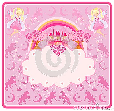 Fairytale frame with little fairies and a beautiful pink castle Vector Illustration