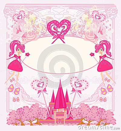 Fairytale frame with little fairies and pink castle Vector Illustration