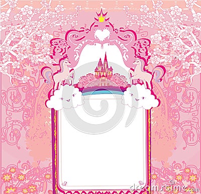 Fairytale frame with magic castle and unicorns Vector Illustration