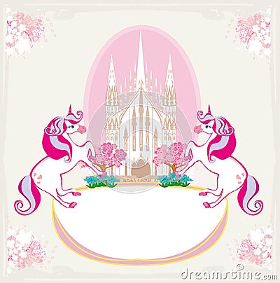 Fairytale frame with magic castle and unicorns Vector Illustration